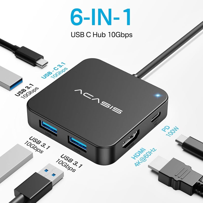 Acasis USB C Hub 10Gbps, 6-in-1 Multiport Adapter with 4K 60Hz HDMI, 100W Power Delivery, USB A3.2 Data Port, USB C to HDMI Adapter for MacBook, Dell, Lenovo, Surface, iPad PRO, XPS(Black) - Image 2